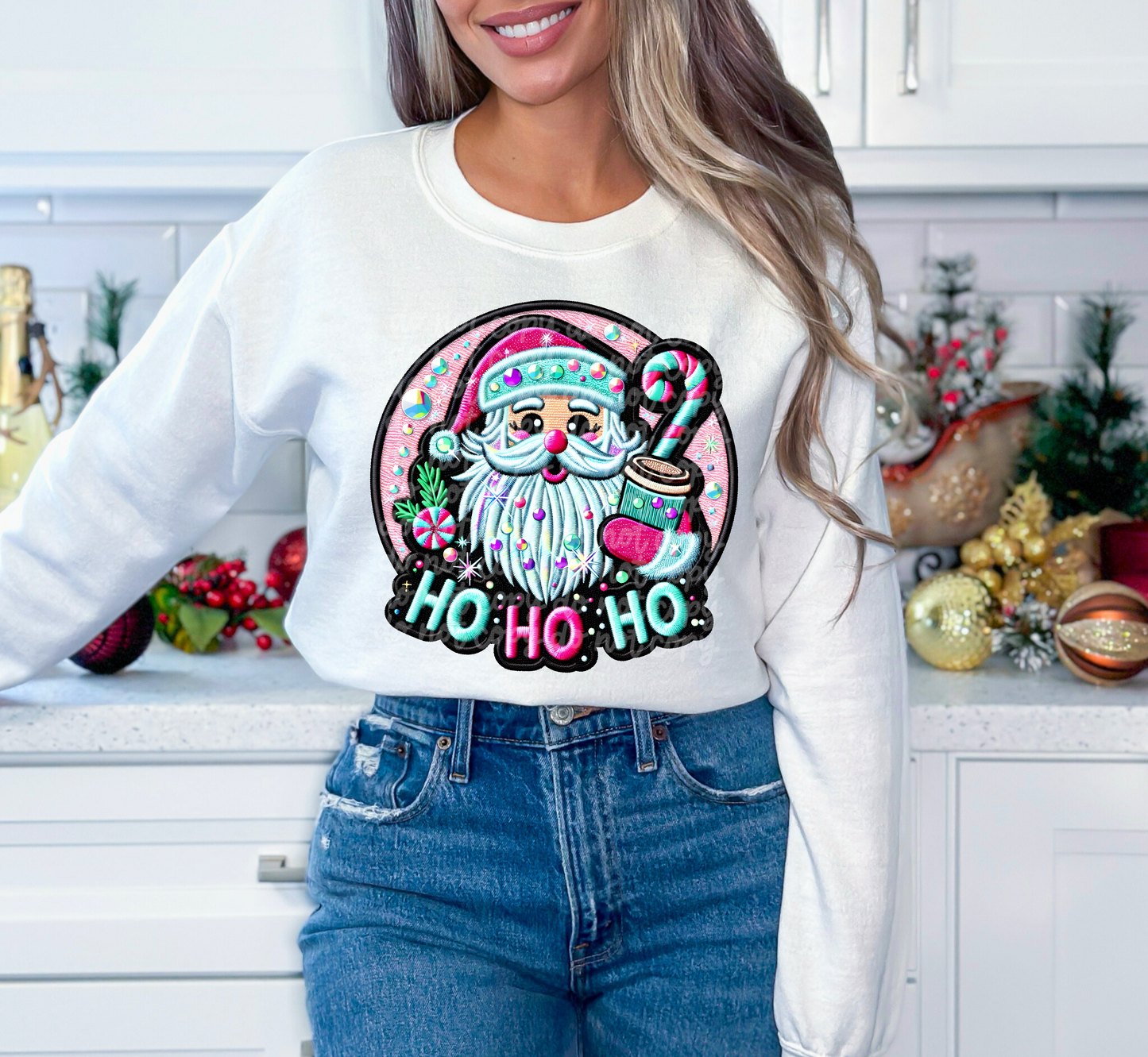 Ho Ho Ho Pink Santa Faux Embroidery