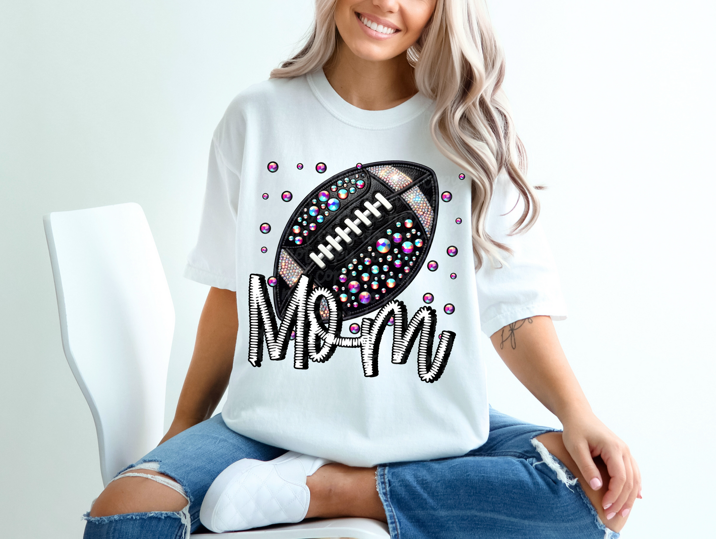 Black Leather Football Mom Faux Embroidery