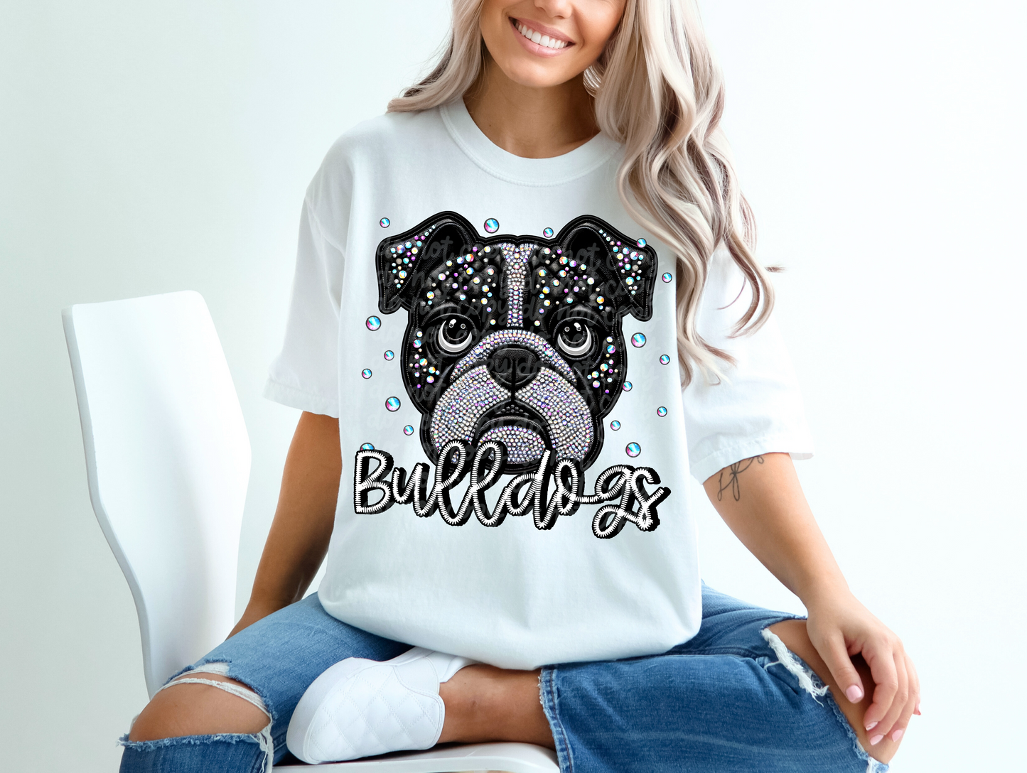 Black Leather Bulldogs Faux Embroidery