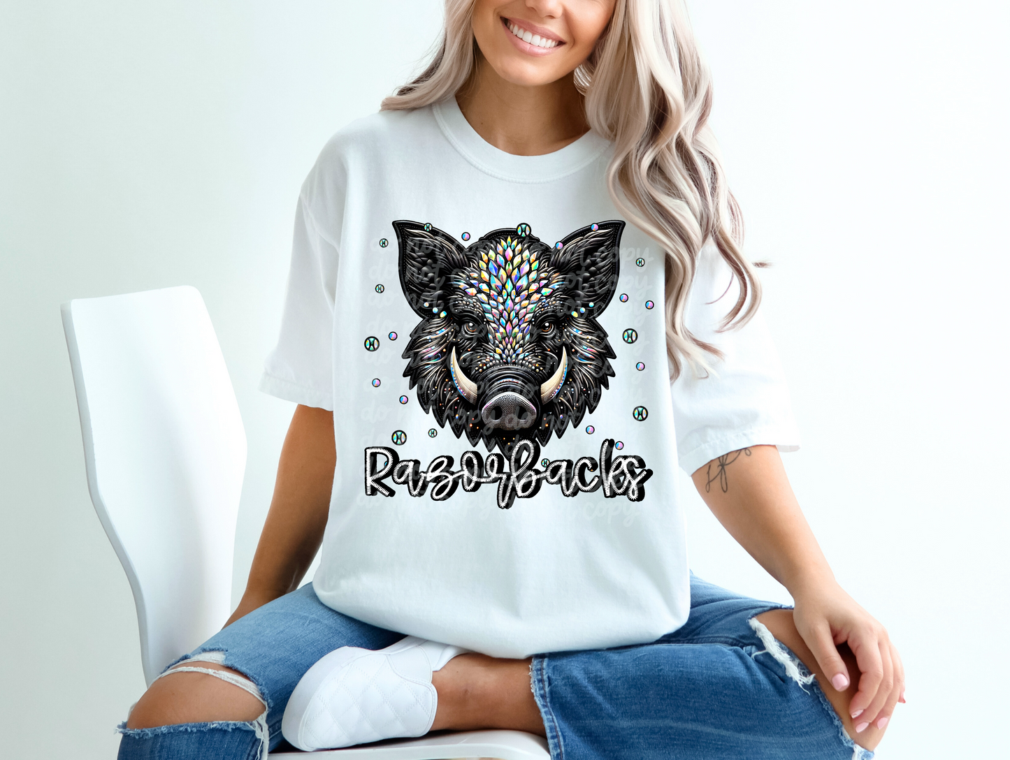 Black Leather Razorbacks Faux Embroidery