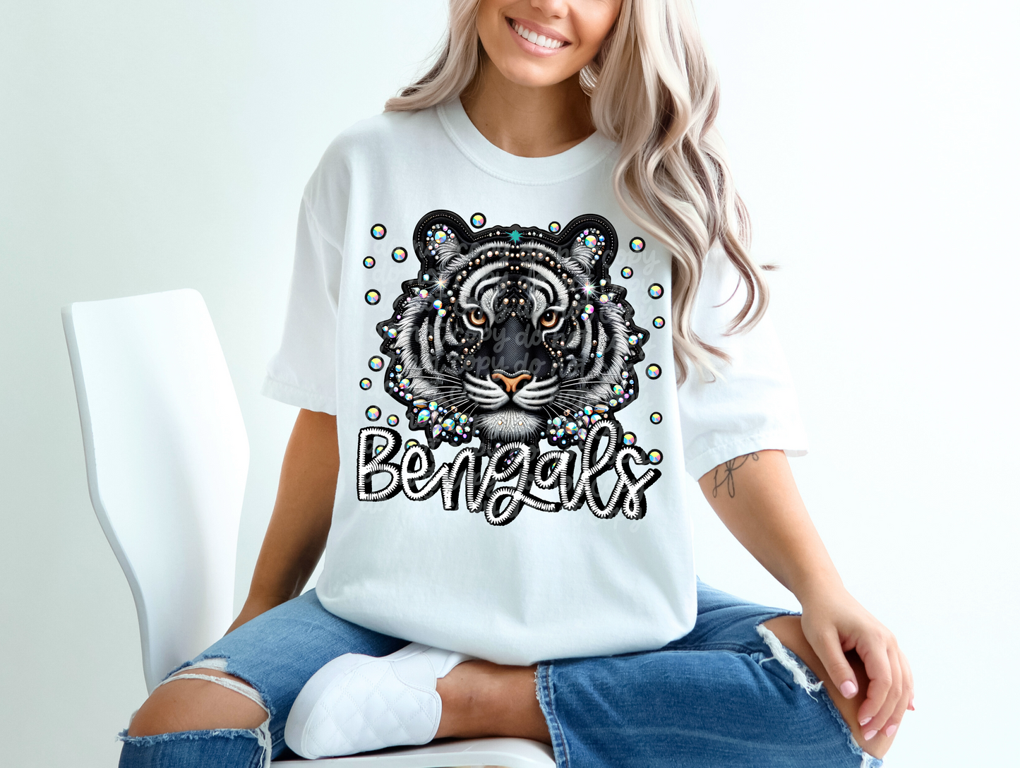 Black Leather Bengals Faux Embroidery