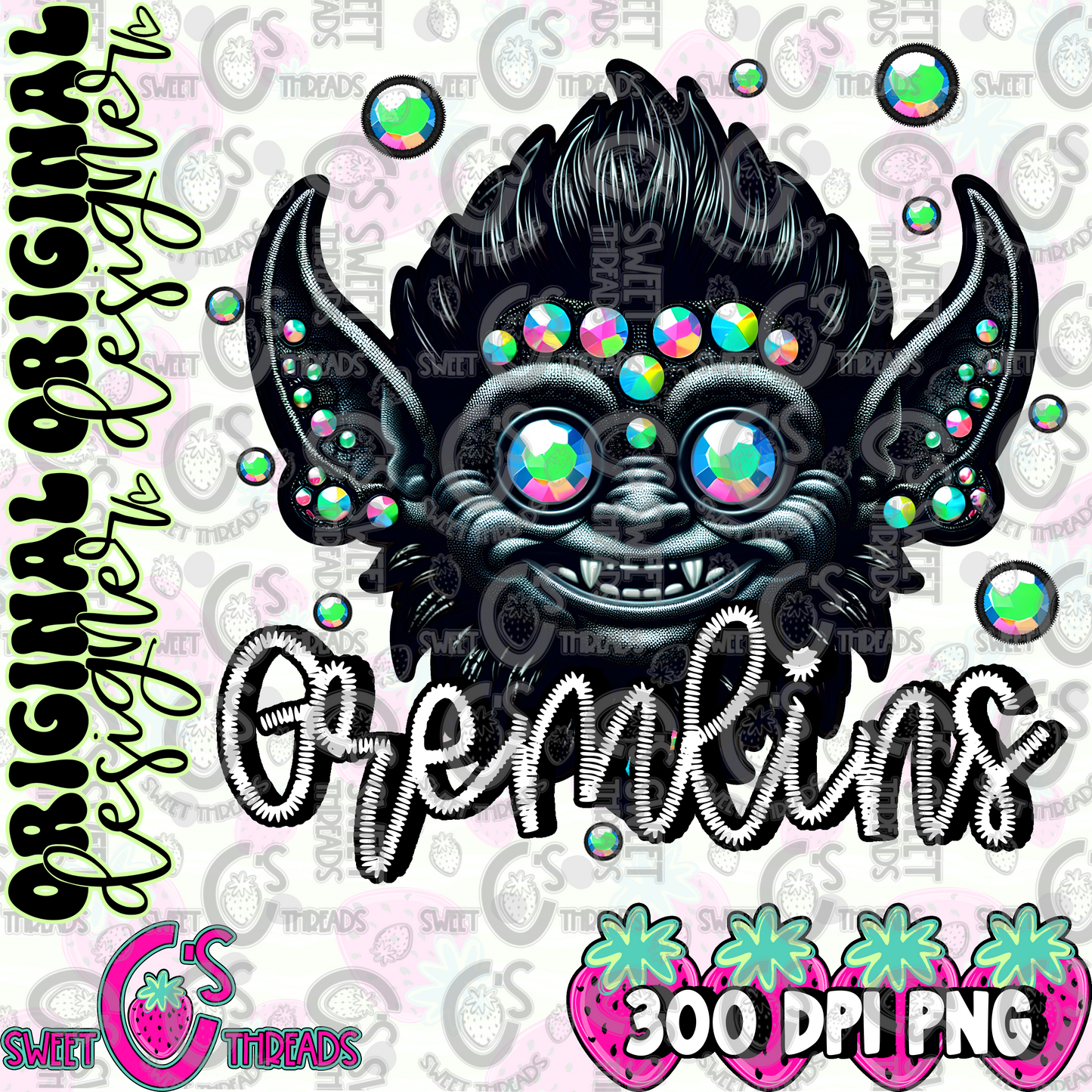 Black Leather Gremlins Faux Embroidery
