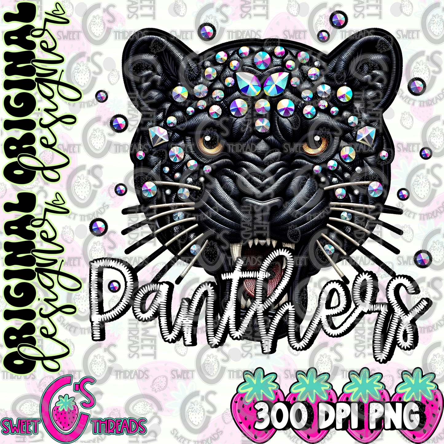 Black Leather Panthers Faux Embroidery