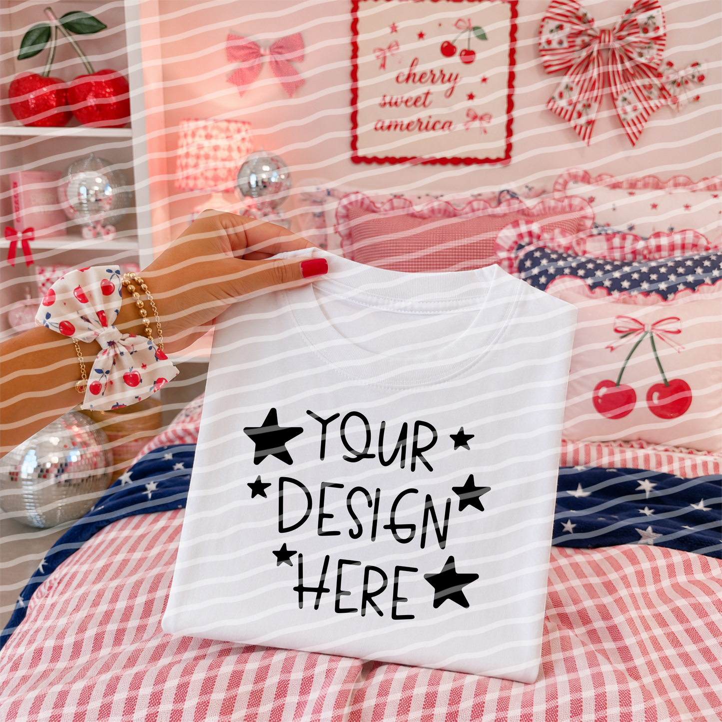 Cherry Americana White Tee Hand Held Mock Up