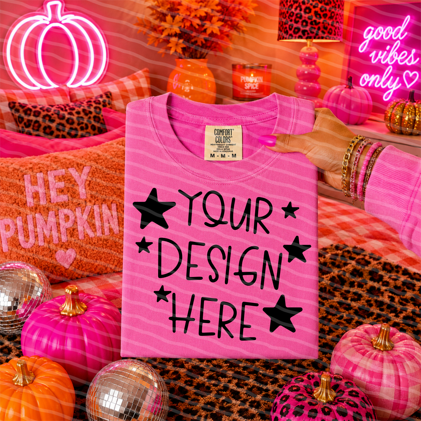CC Neon Pink Pumpkin Pop Tee Hand Held Mock Up