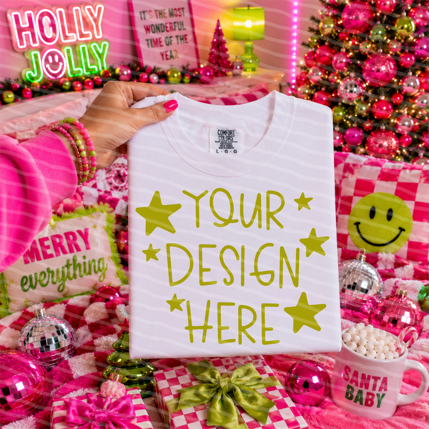 Holly Jolly Glow White Tee Hand Held Christmas Mock Up