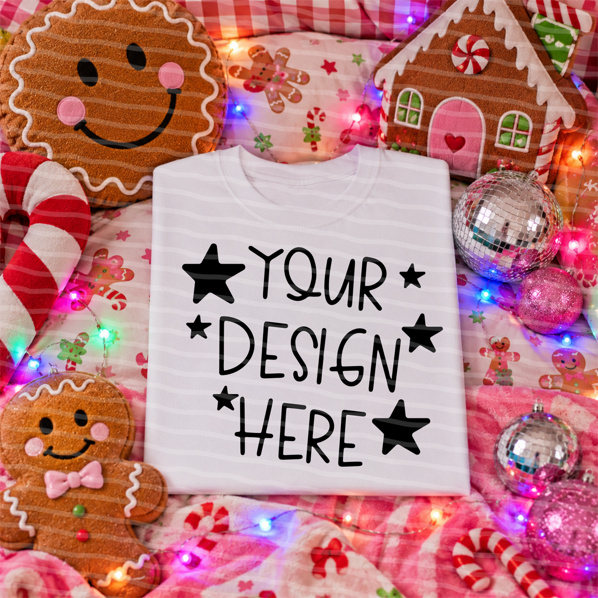 Gingerbread Glow White Tee Flat Lay Christmas Mock Up
