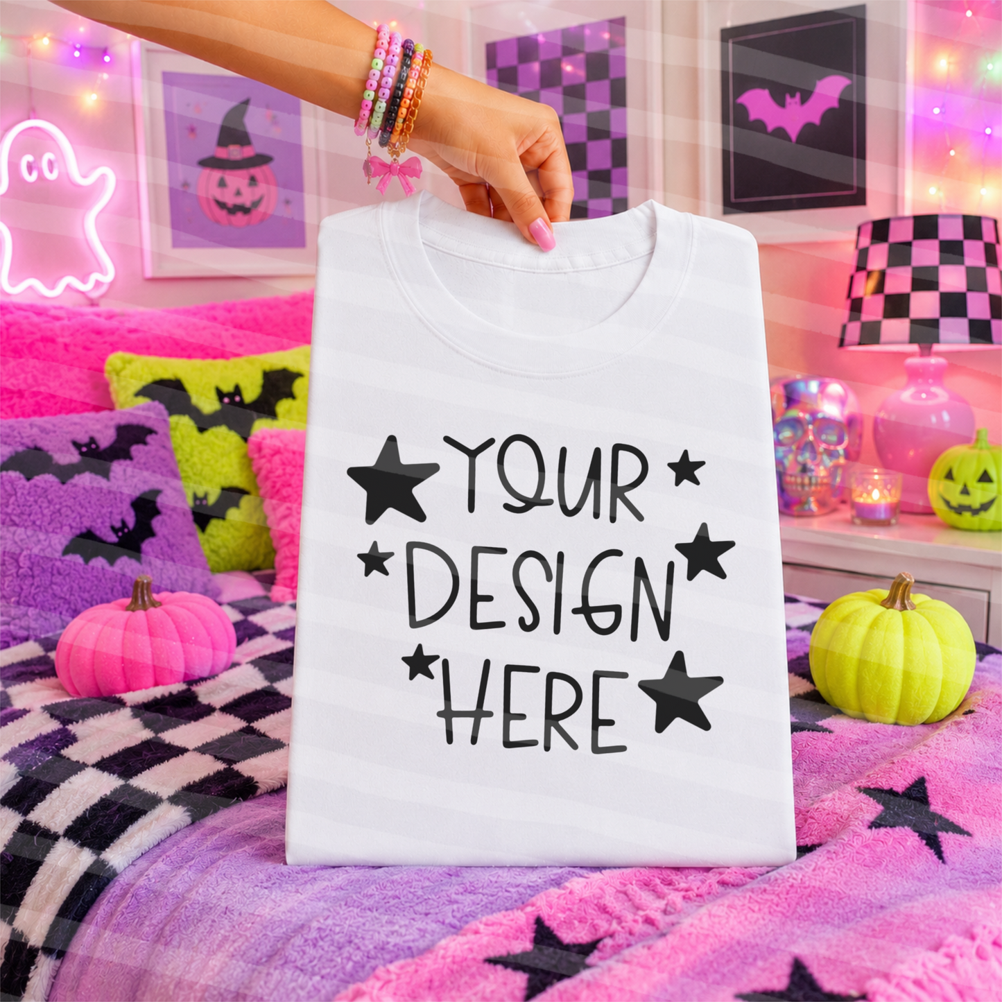 Batty Lounge White Tee Hand Held Halloween Mock Up
