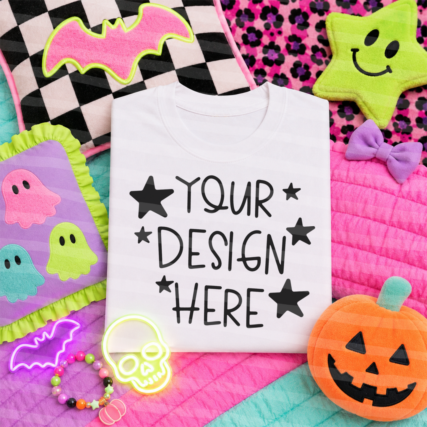 Ghosts And Glitter White Tee Flat Lay Halloween Mock Up