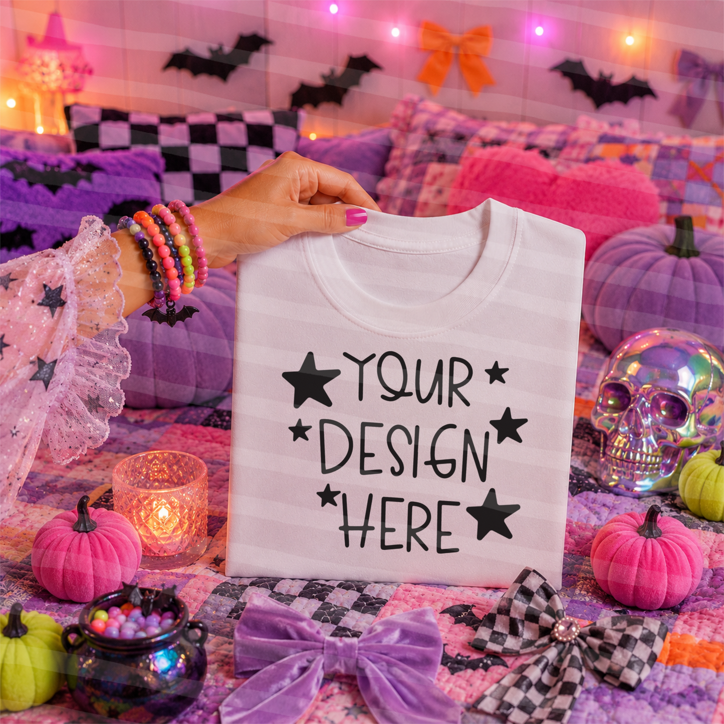 Neon Nightmare White Tee Hand Held Halloween Mock Up