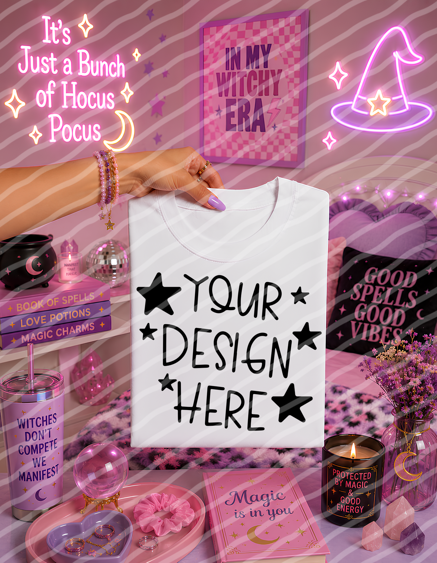 Good Spells White Tee Hand Held Halloween Mock Up