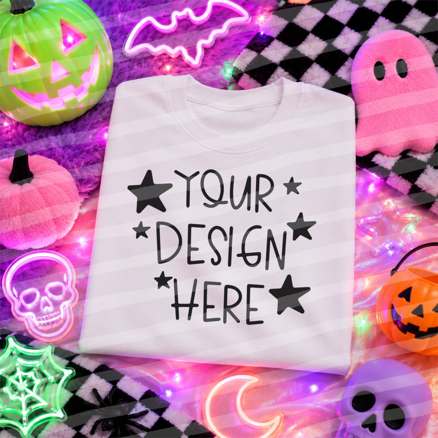 Neon Hallo White Tee Flat Lay Halloween Mock Up