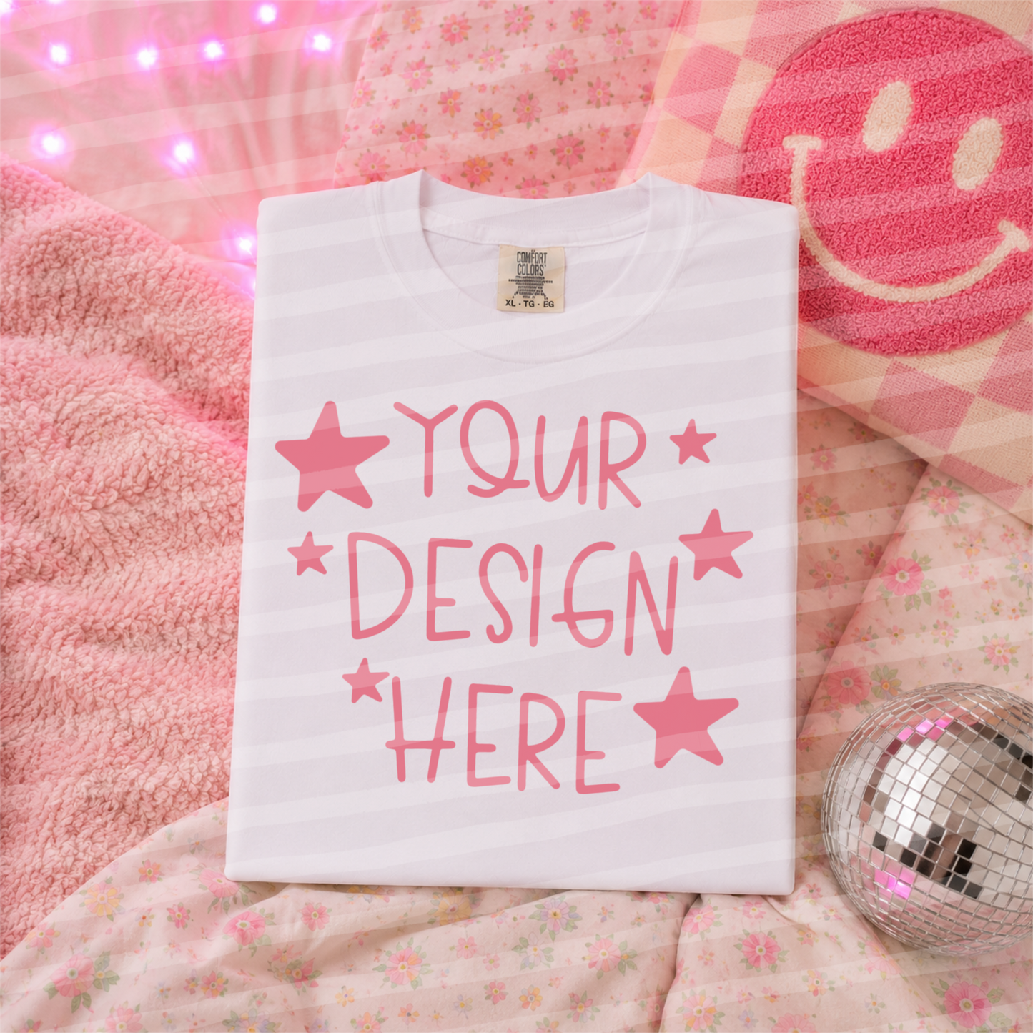 Happy Pink White CC Tee Flat Lay Everyday Mock Up