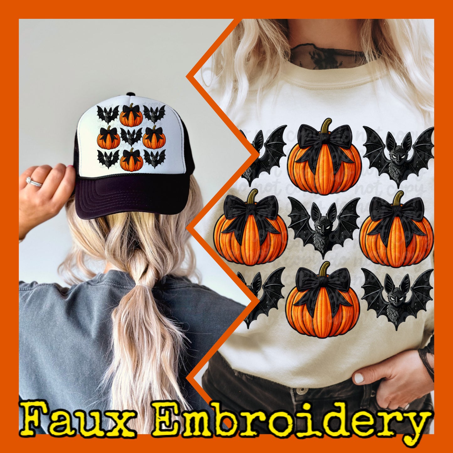 Bat And Pumpkin Coquette Faux Embroidery