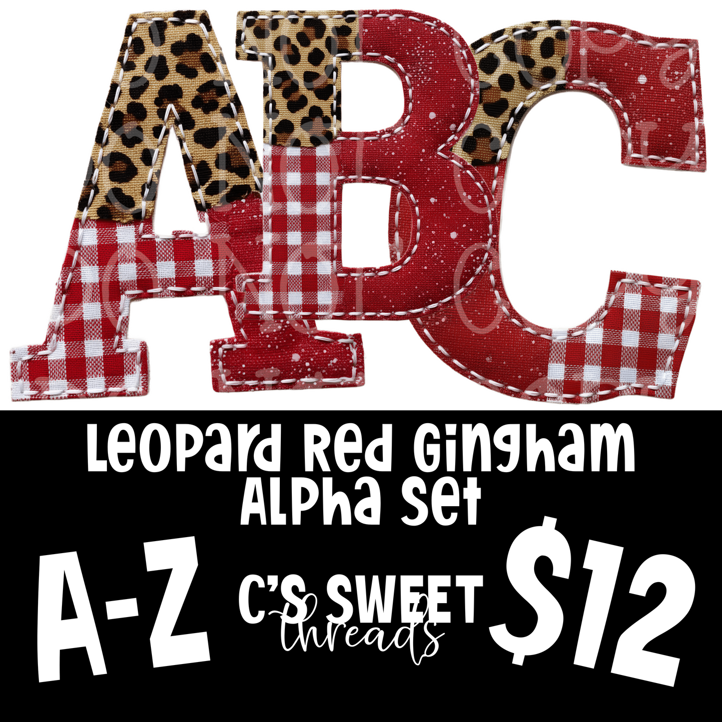 Faux Embroidered Leopard Print & Red Gingham Alpha
