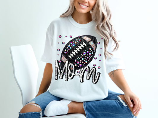 Black Leather Football Mom Faux Embroidery
