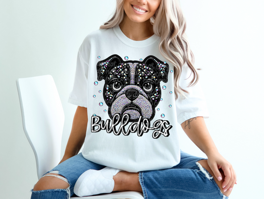 Black Leather Bulldogs Faux Embroidery