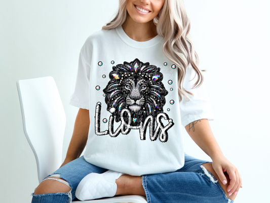 Black Leather Lions Faux Embroidery