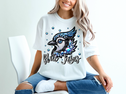 Black Leather Blue Jays Faux Embroidery