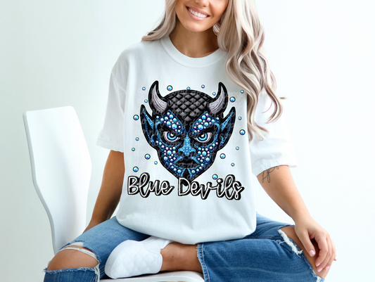 Black Leather Blue Devils Faux Embroidery