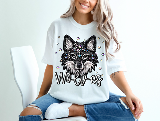 Black Leather Wolves Faux Embroidery