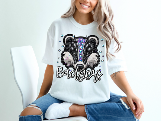 Black Leather Badgers Faux Embroidery