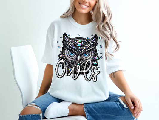 Black Leather Owls Faux Embroidery