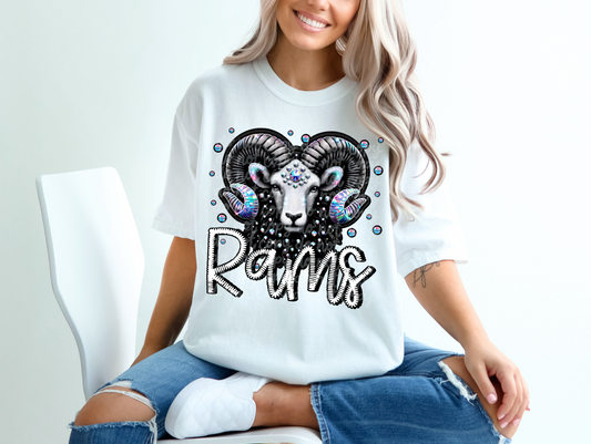 Black Leather Rams Faux Embroidery