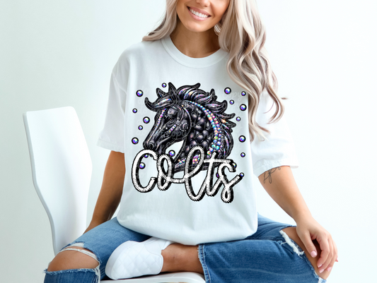 Black Leather Colts Faux Embroidery