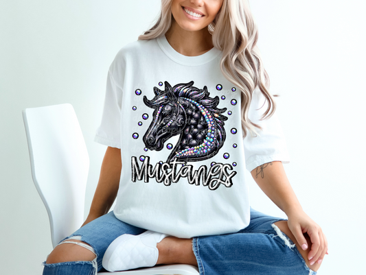 Black Leather Mustangs Faux Embroidery