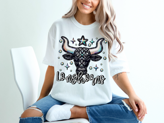 Black Leather Longhorns Faux Embroidery