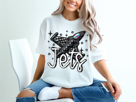 Black Leather Jets Faux Embroidery