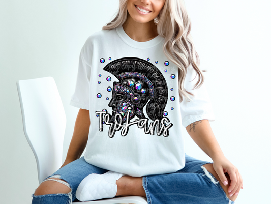 Black Leather Trojans Faux Embroidery