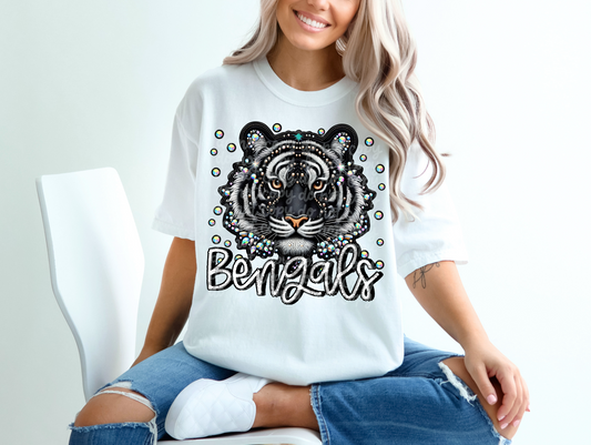 Black Leather Bengals Faux Embroidery