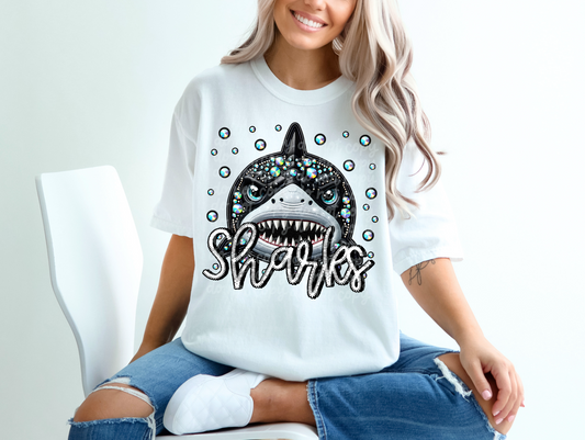 Black Leather Sharks Faux Embroidery