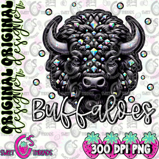 Black Leather Buffaloes Faux Embroidery