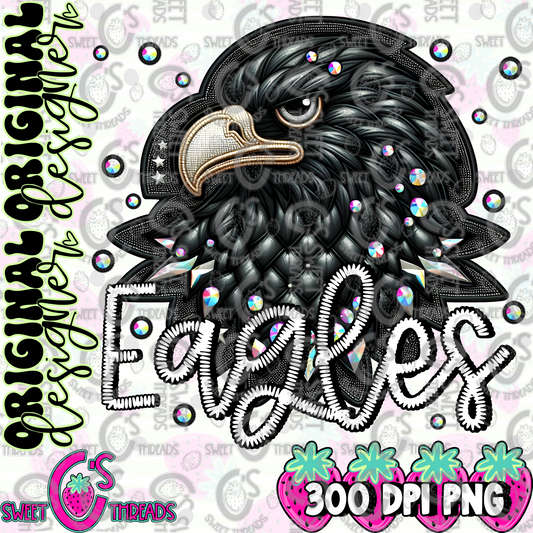 Black Leather Eagles Faux Embroidery