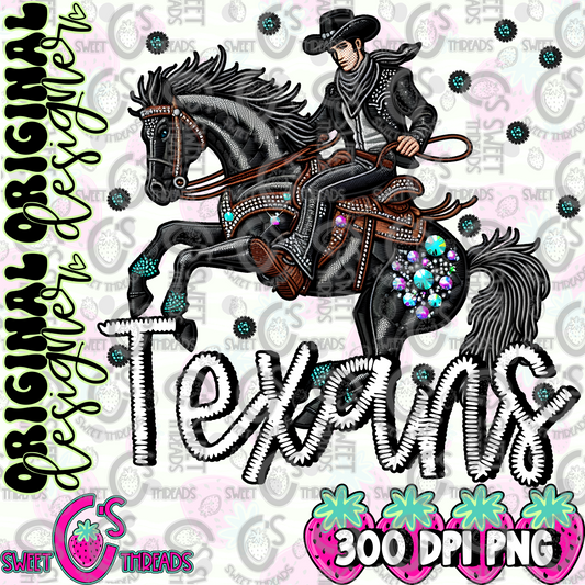 Black Leather Texans Faux Embroidery