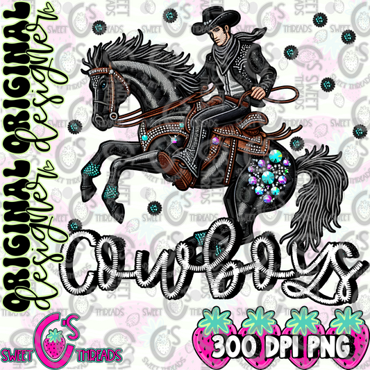 Black Leather Cowboys Faux Embroidery