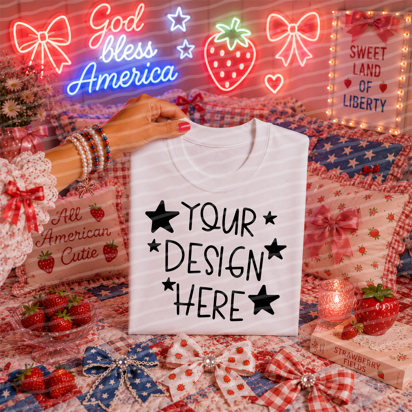 Patriotic Neon White Tee Hand Held Mock Up