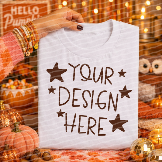 Cozy Pumpkin White Tee Hand Held Mock Up