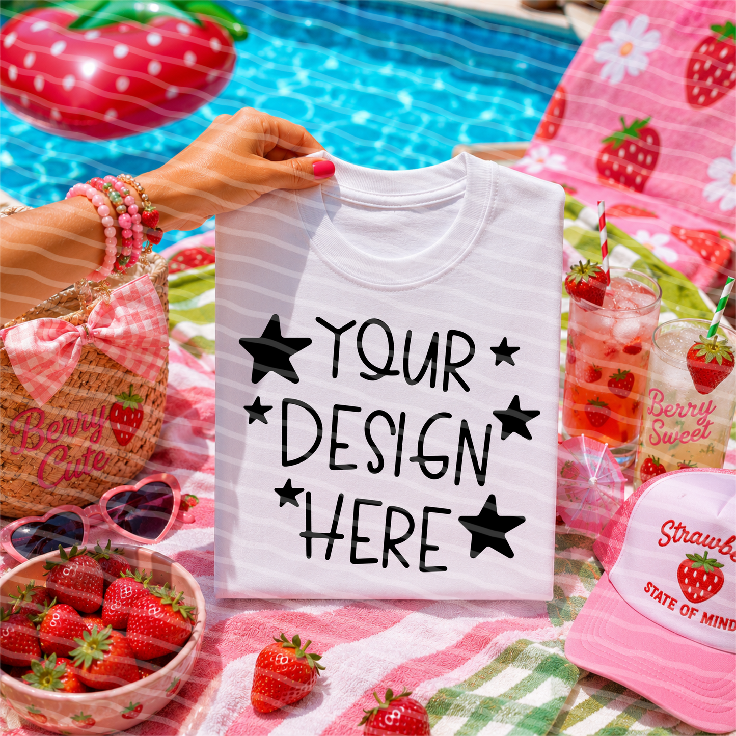 Strawberry Summer White Tee Hand Held Summer Mock Up