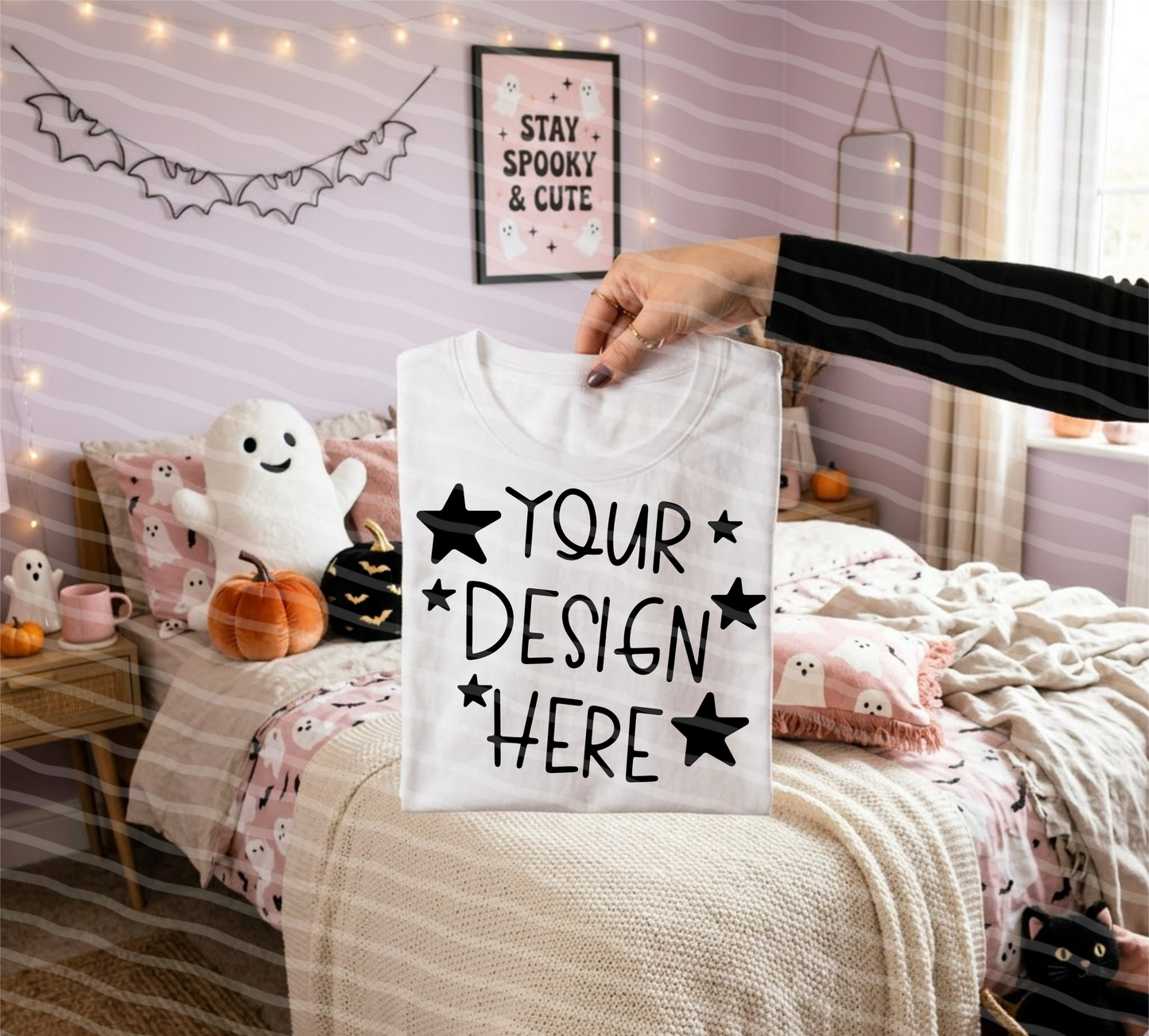 Cozy Spooky Nights White Tee Hand Held Halloween Mock Up