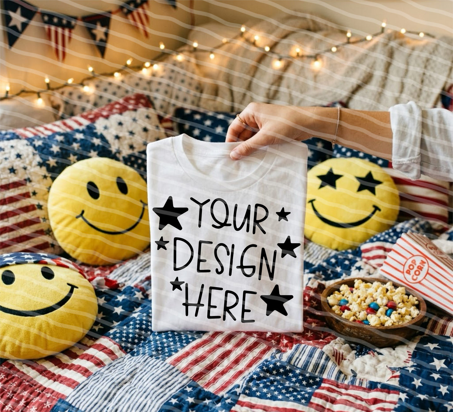Star Spangled Happy White Tee Patriotic Mock Up