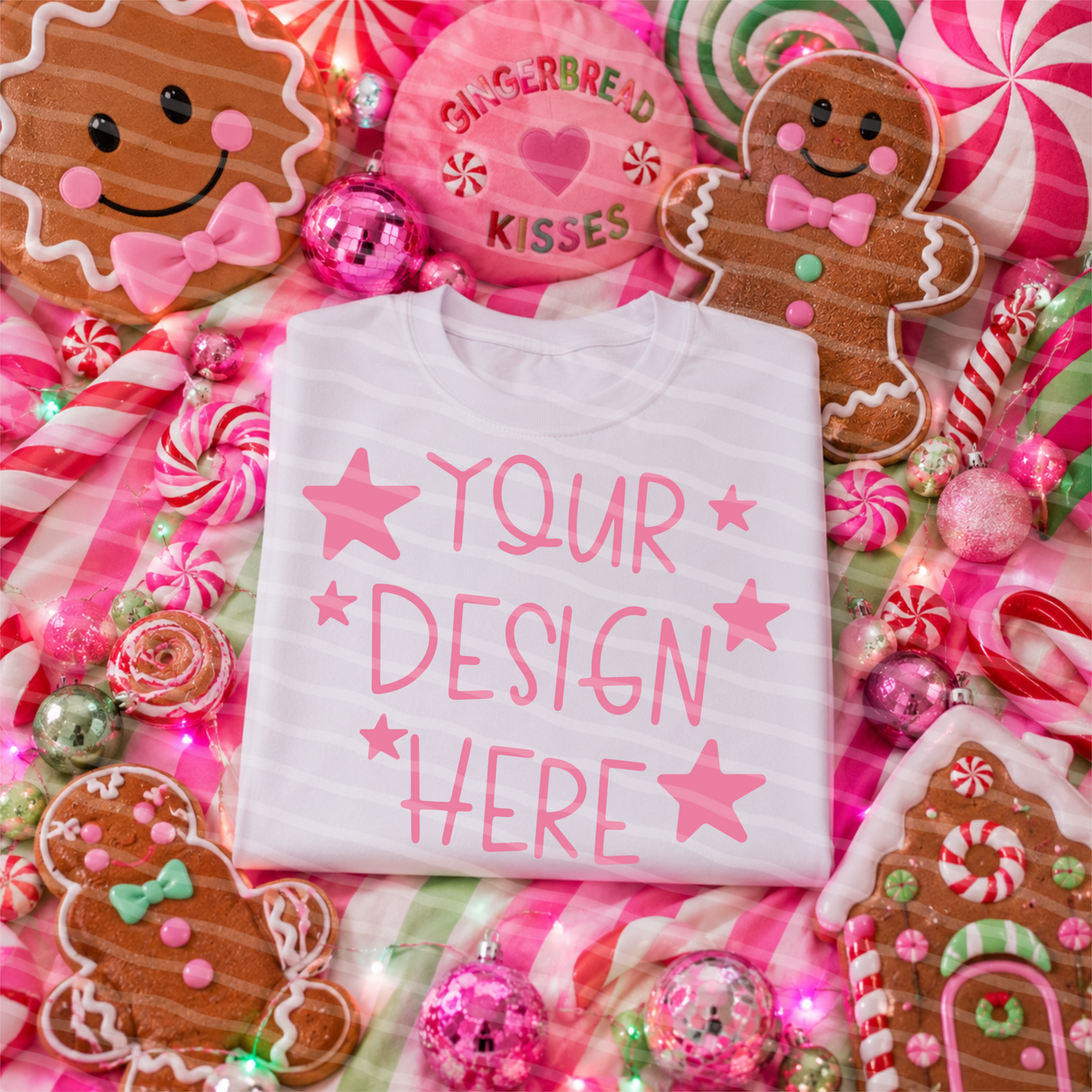 Gingerbread Candyland White Tee Flat Lay Christmas Mock Up