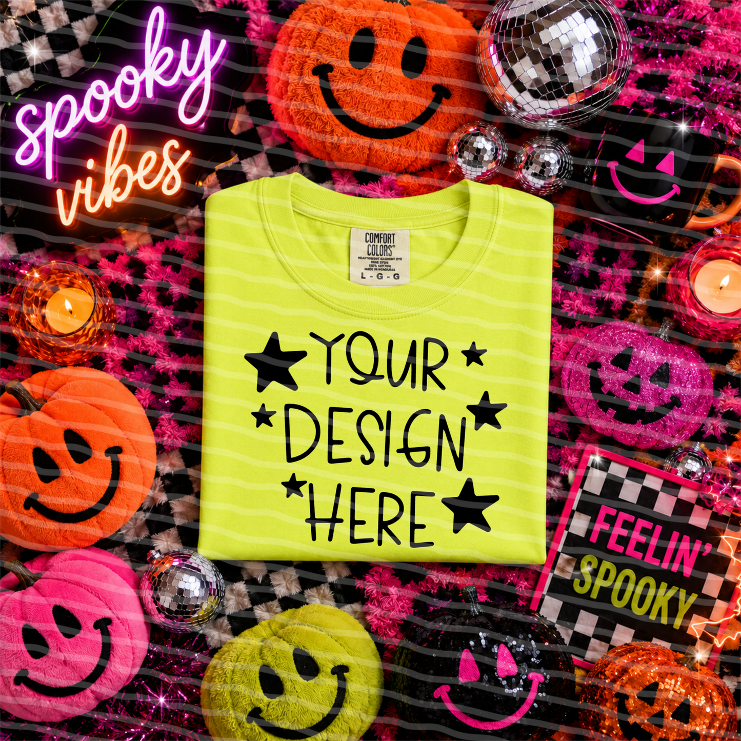Feelin Spooky CC Neon Lemon Tee Flat Lay Mock Up