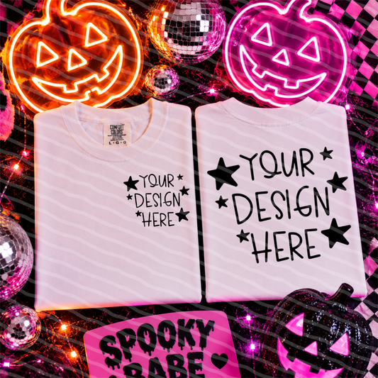 Spooky Nights CC White Tee Front And Back Flat Lay Mock Up