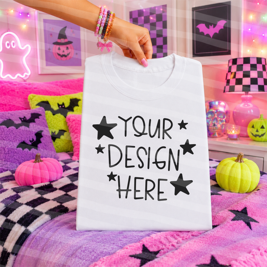 Batty Lounge White Tee Hand Held Halloween Mock Up
