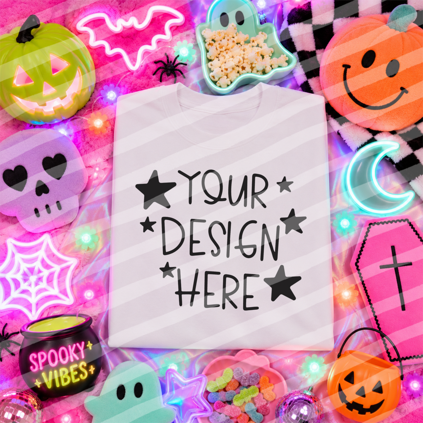 Spook Vibes White Tee Flat Lay Halloween Mock Up