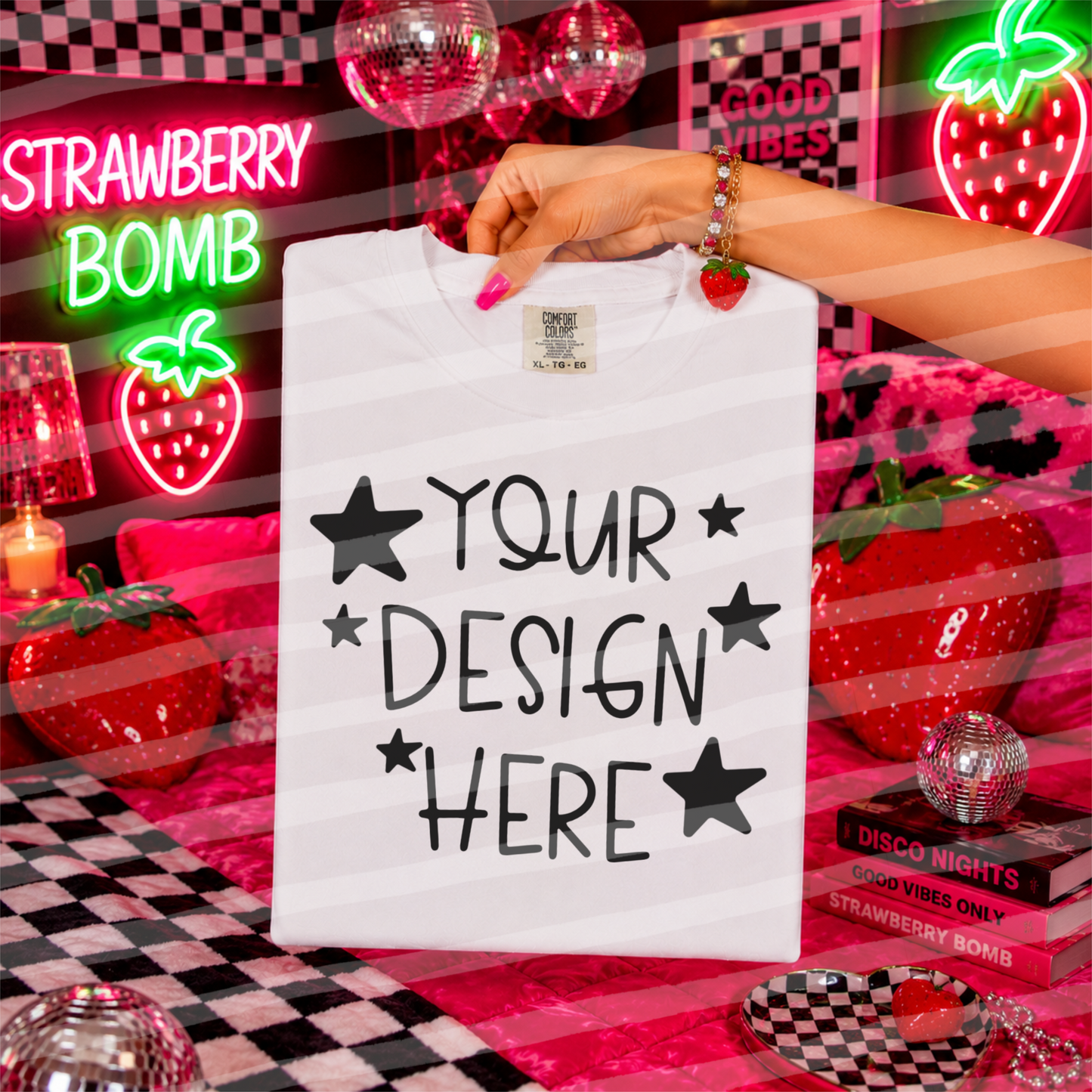 Strawberry Bomb White CC Tee Hand Held Everyday Mock Up
